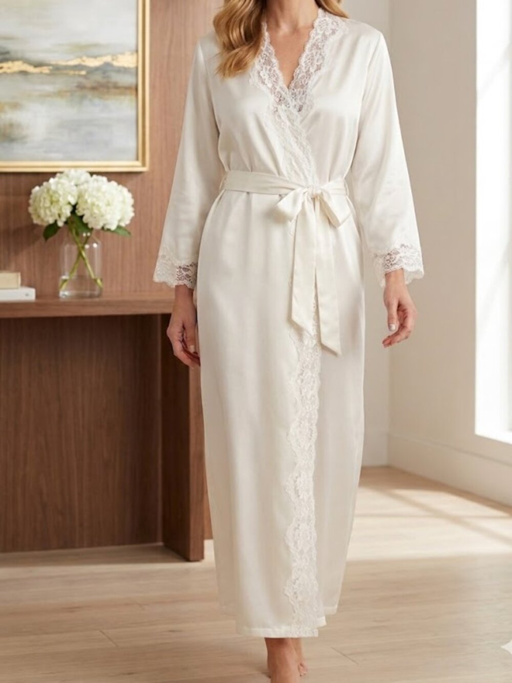 Lauren Ralph Lauren Ivory Satin Lace Trim Full Length Belted Robe New sz Small